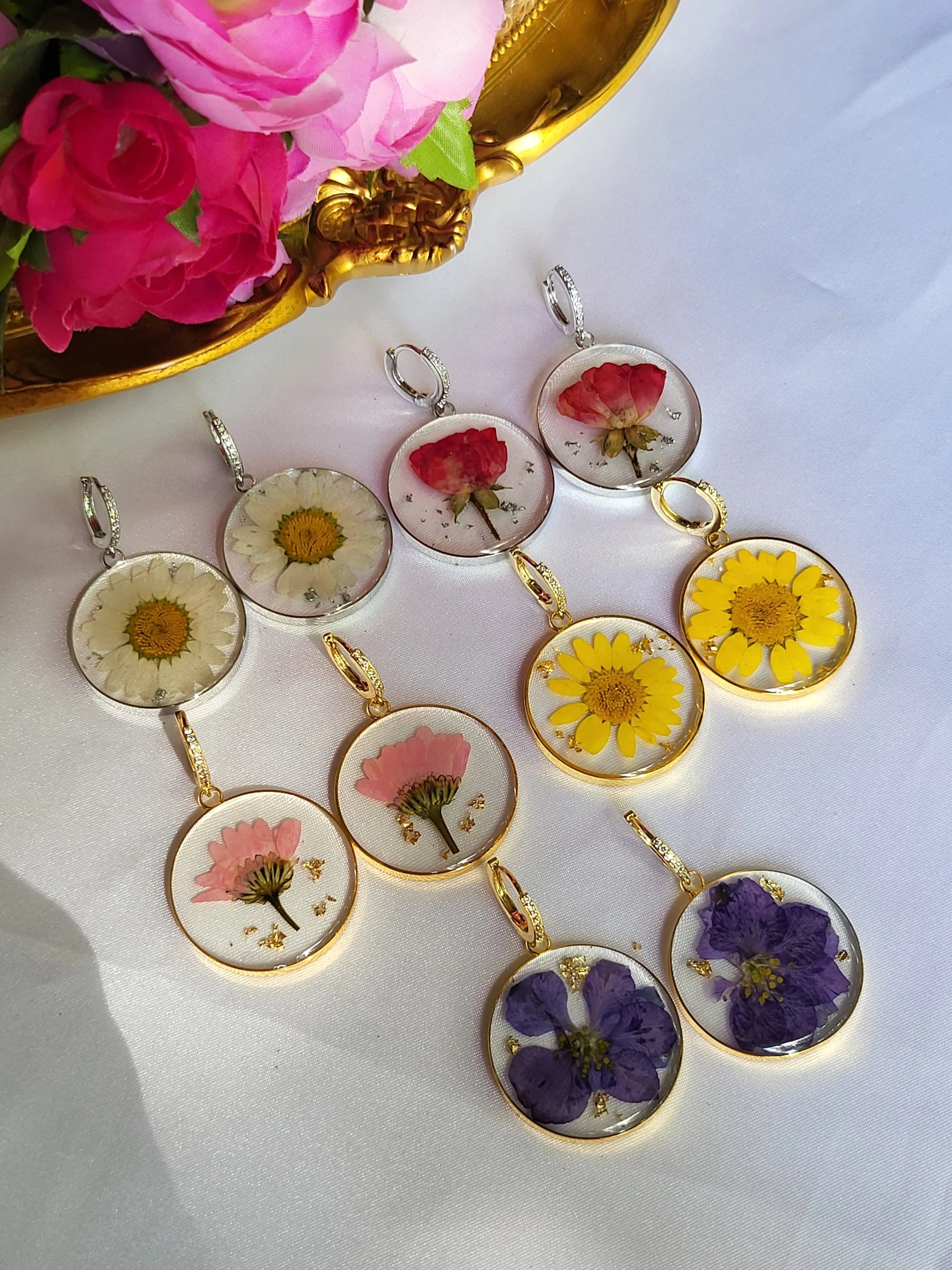 Gold Real Dried Birth Month Flower Earrings product images.