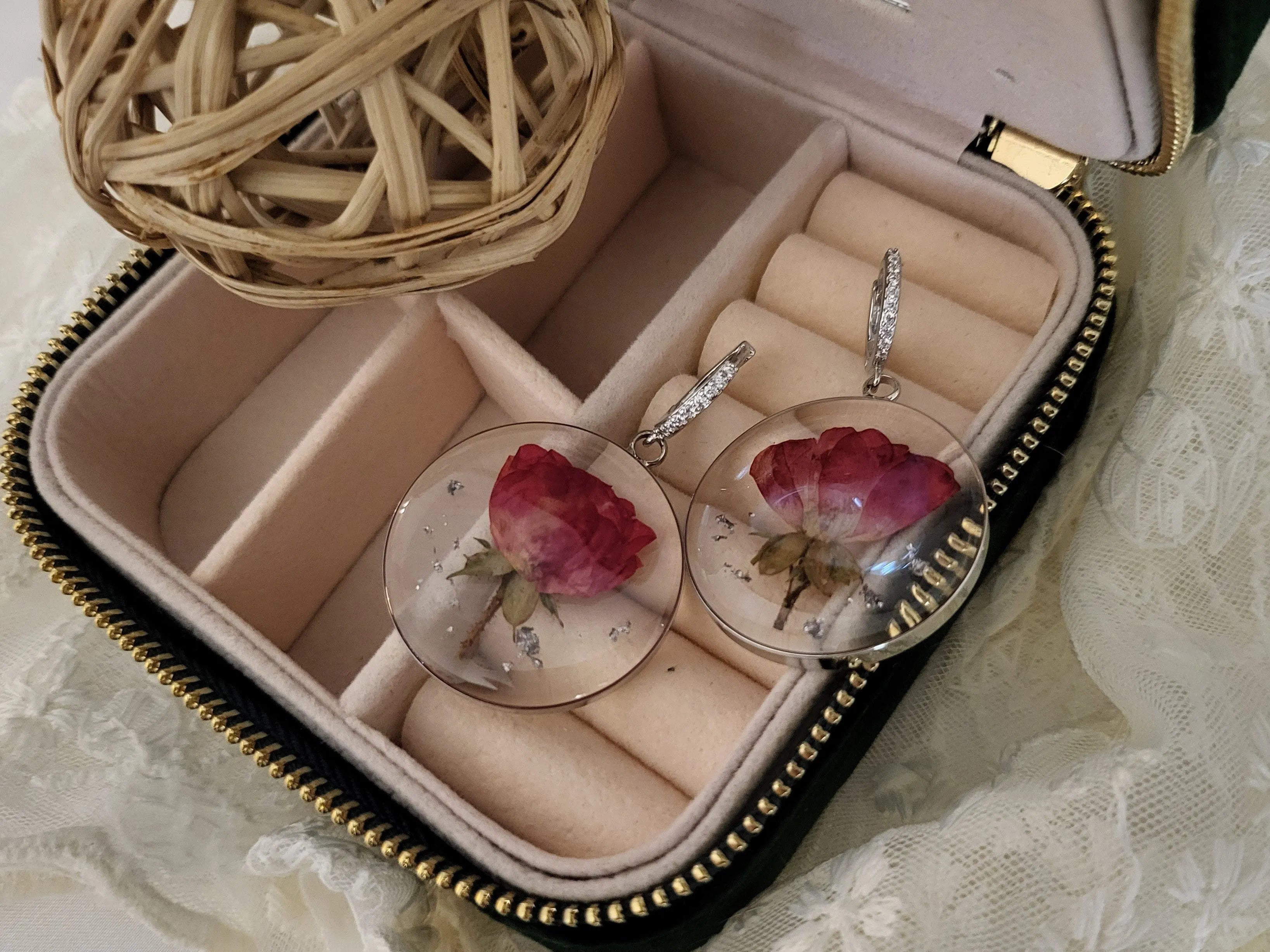 Gold Real Dried Birth Month Flower Earrings product images.