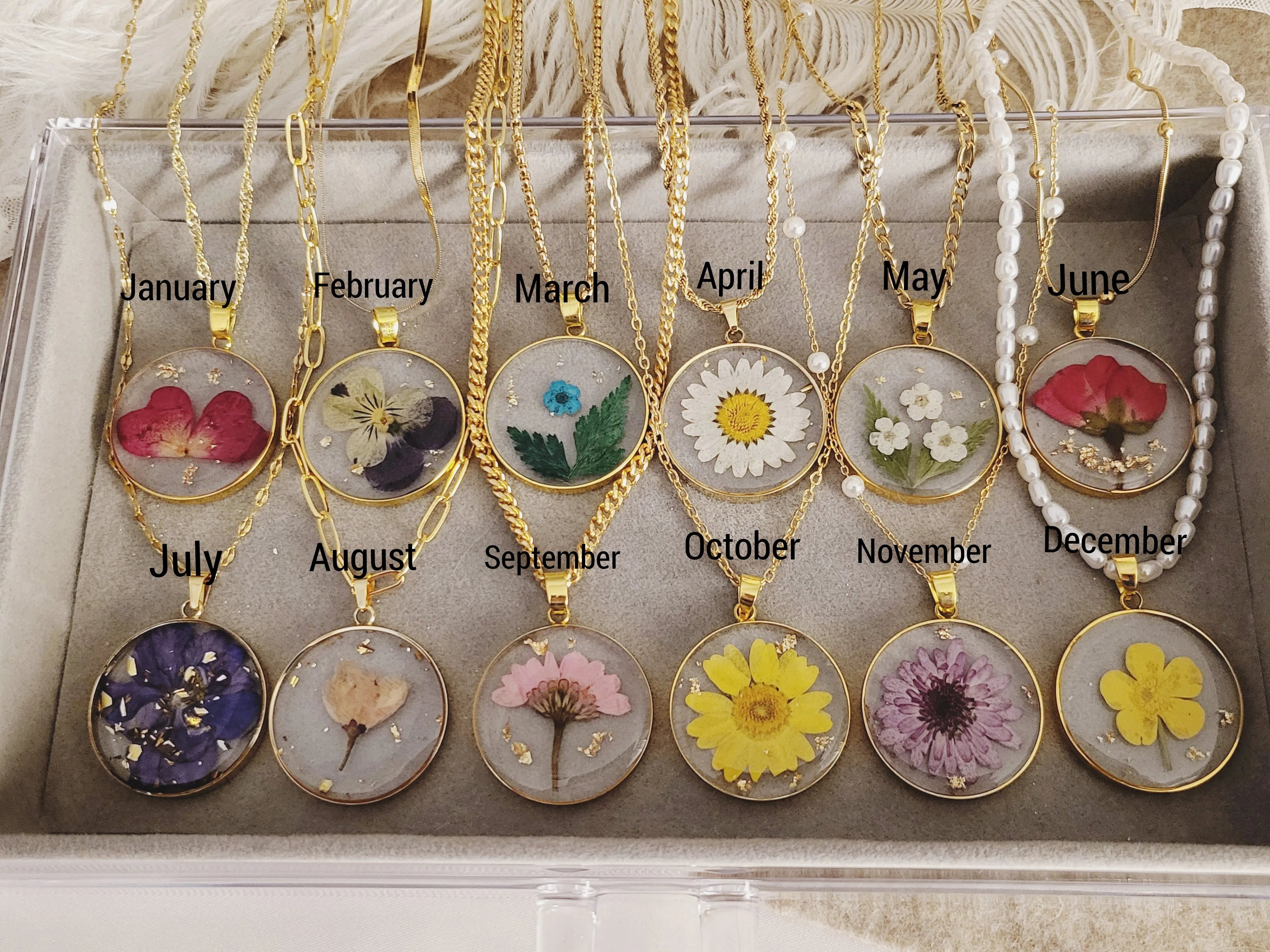 Gold Real Dried Birth Month Flower Pendant product images.