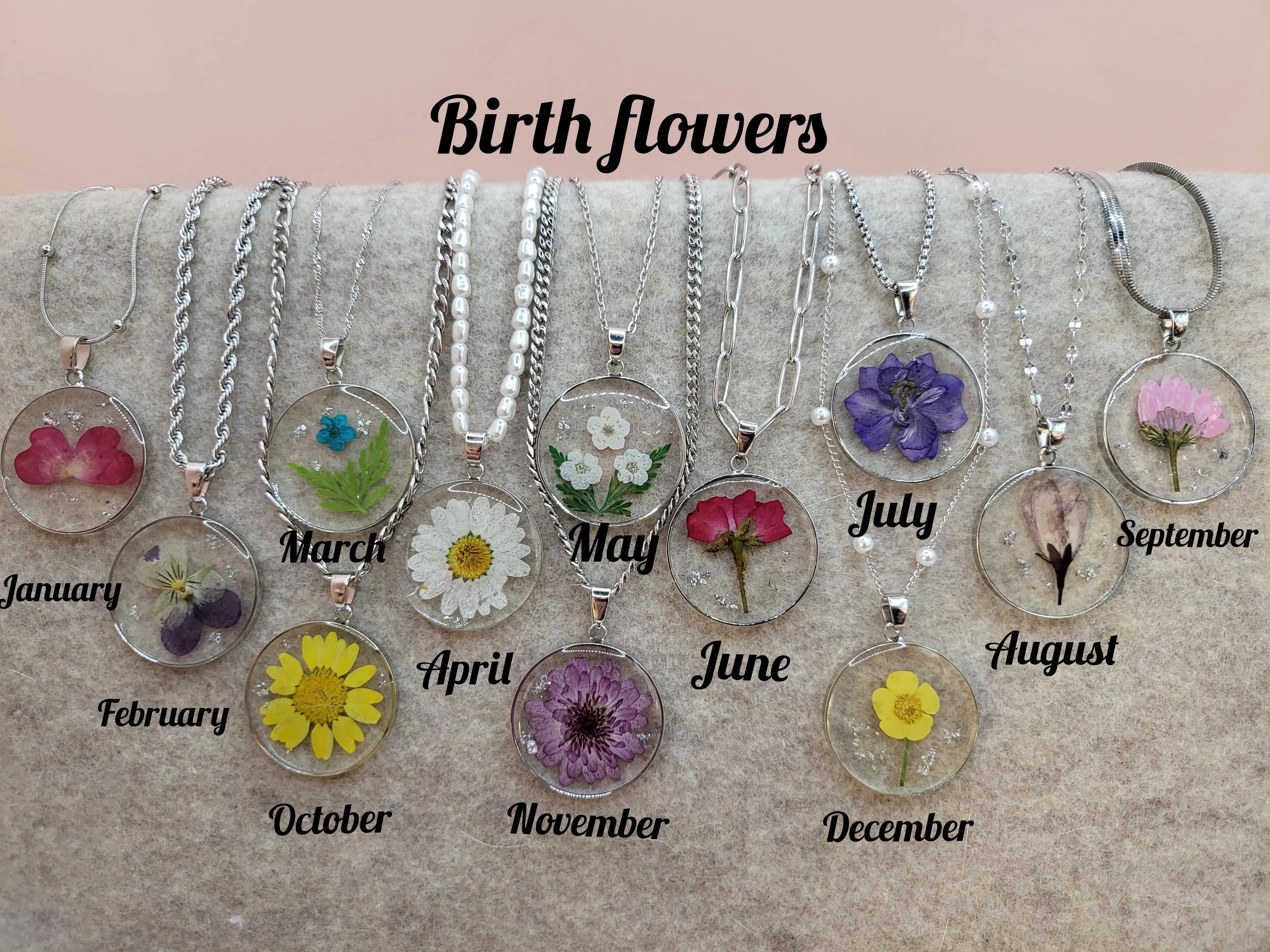 Silver Real Dried Birth Month Flower Necklace product images.