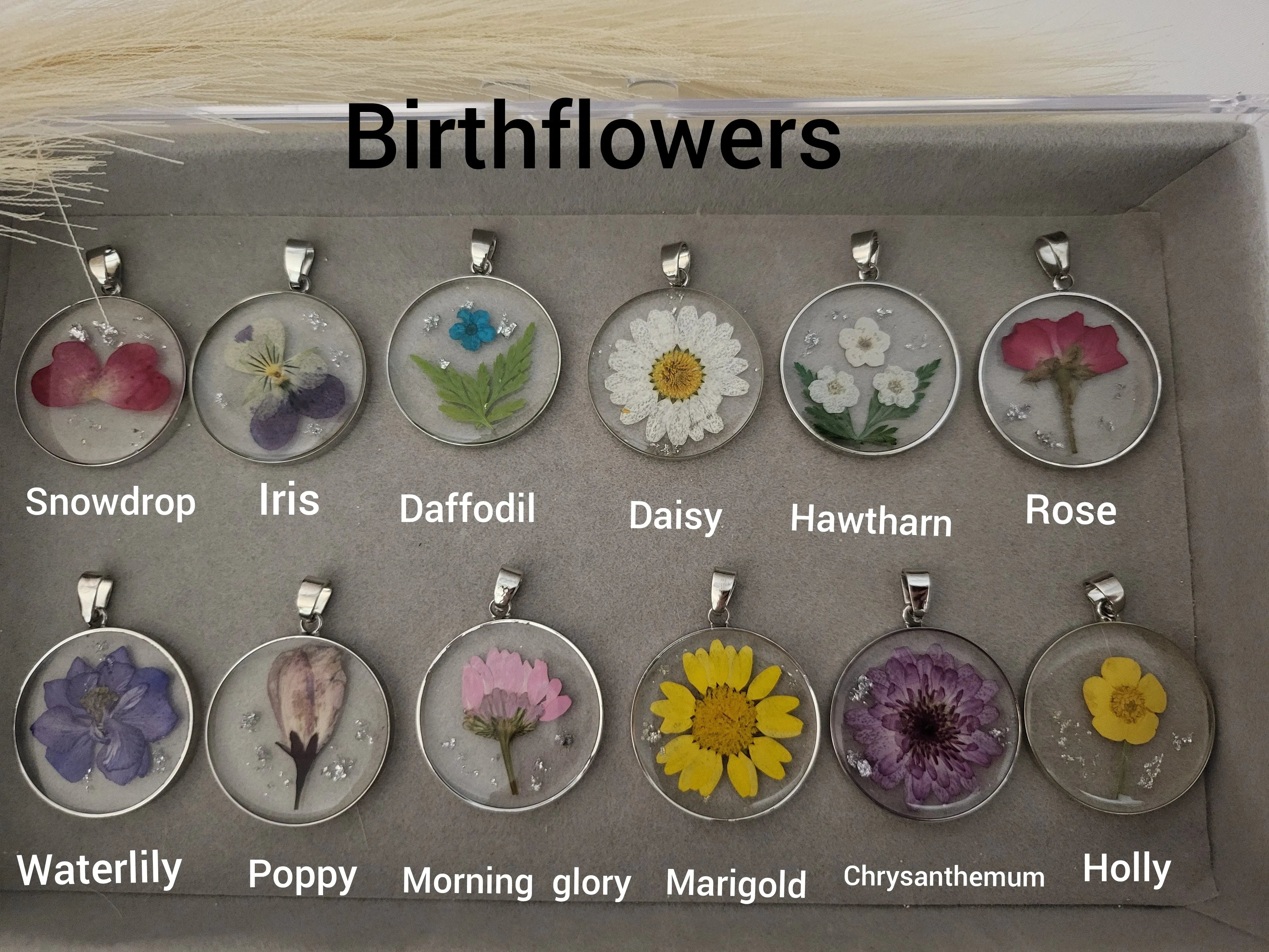Silver Real Dried Birth Month Flower Pendant product images.