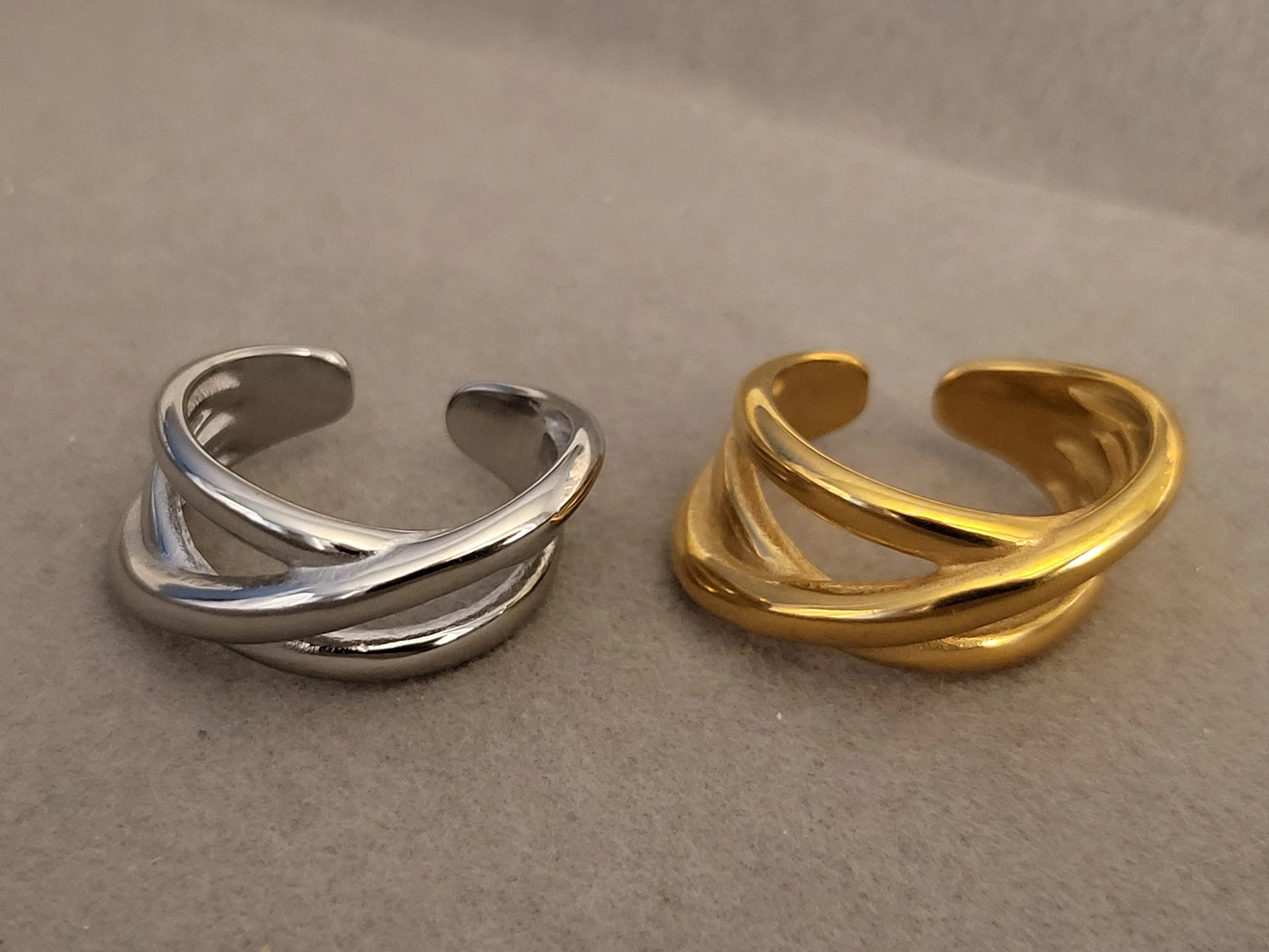 Stainless Steel Adjustable Geometric Crossed Line Rings product images.