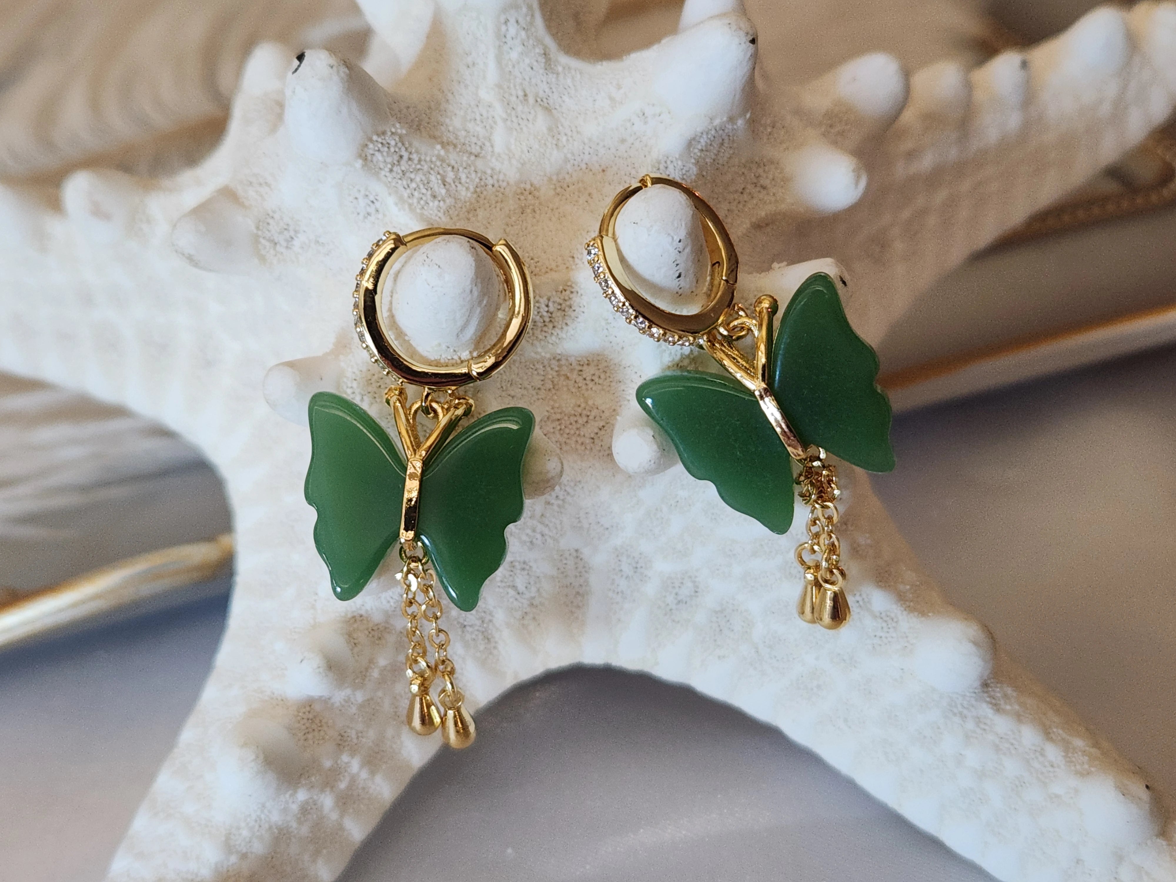 Gold Filled Jade Butterfly Earrings