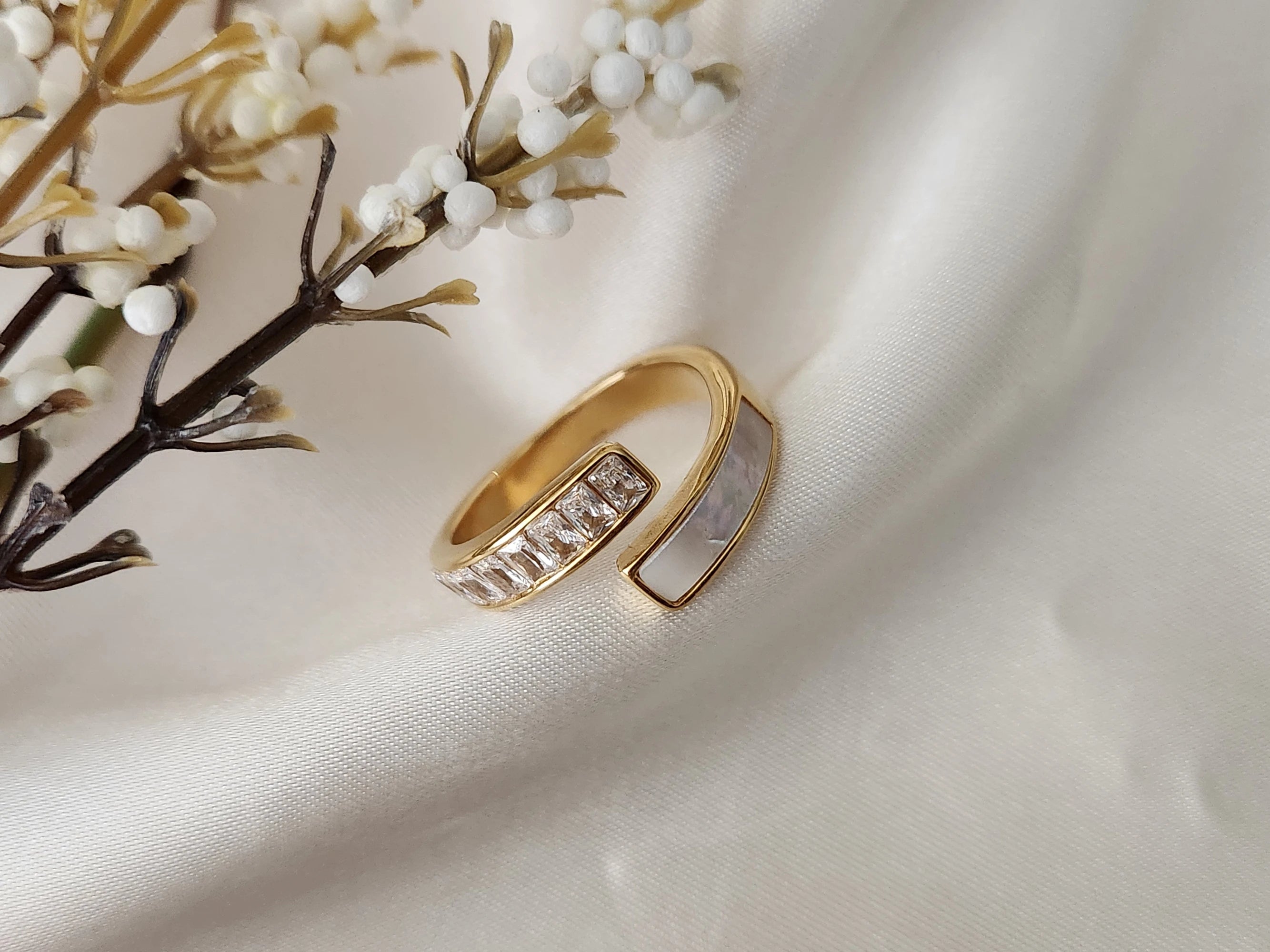 Gold Filled Half  White Pearl Half Zircon Ring