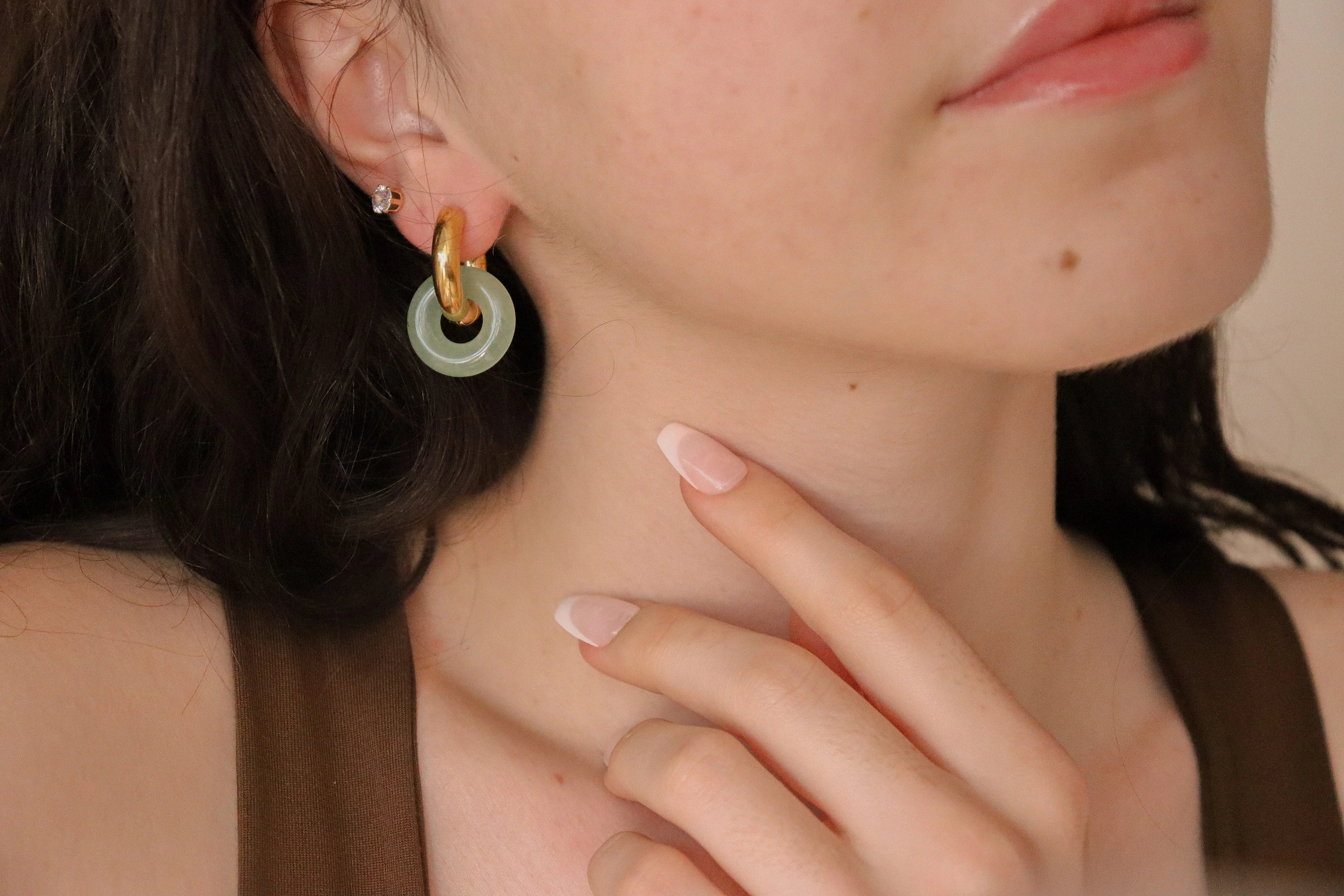 Gold Filled Jade Hoop Earrings