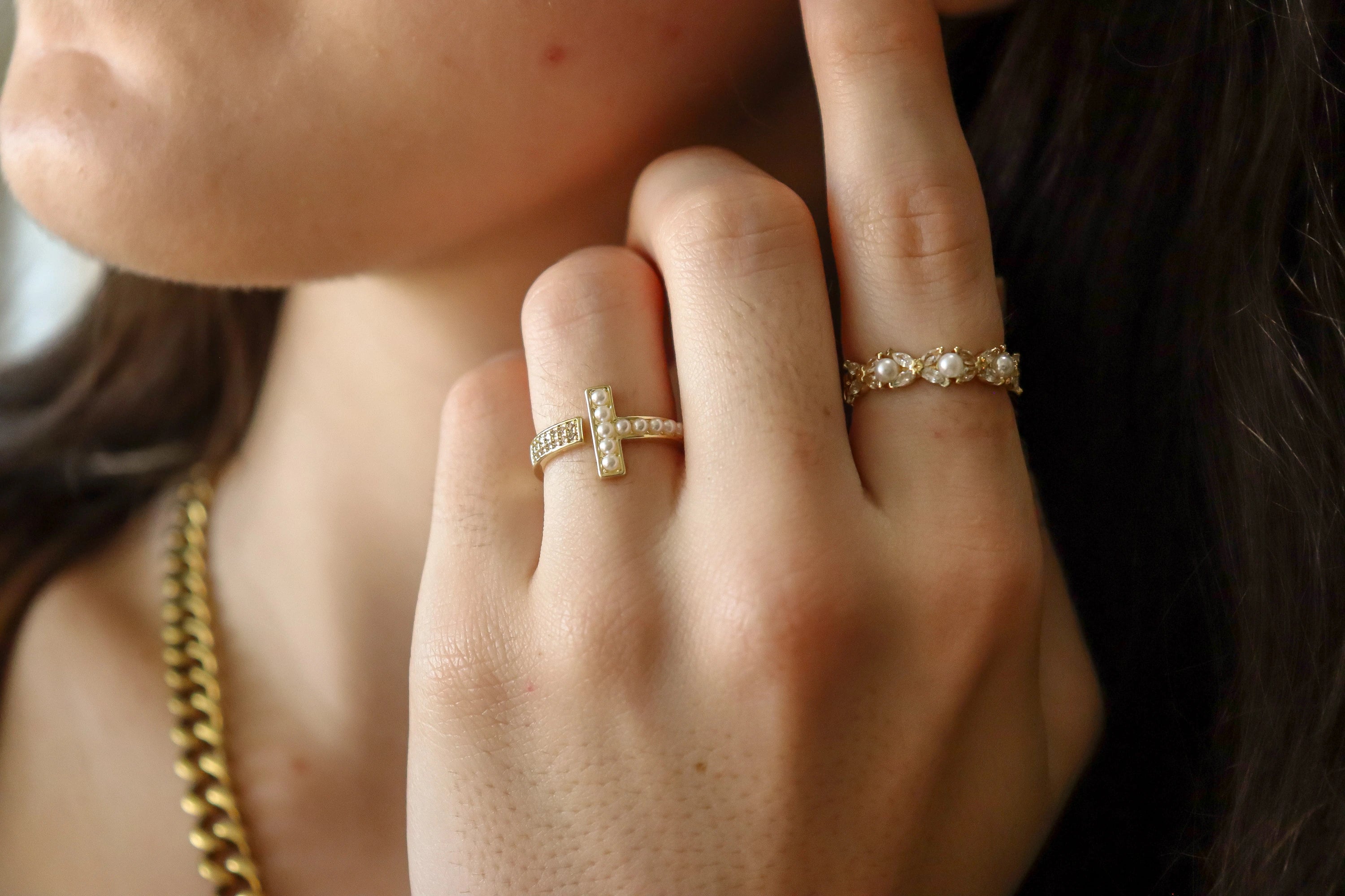 Gold Filled Natural White Mother Of Pearl  Adjustable  Rings