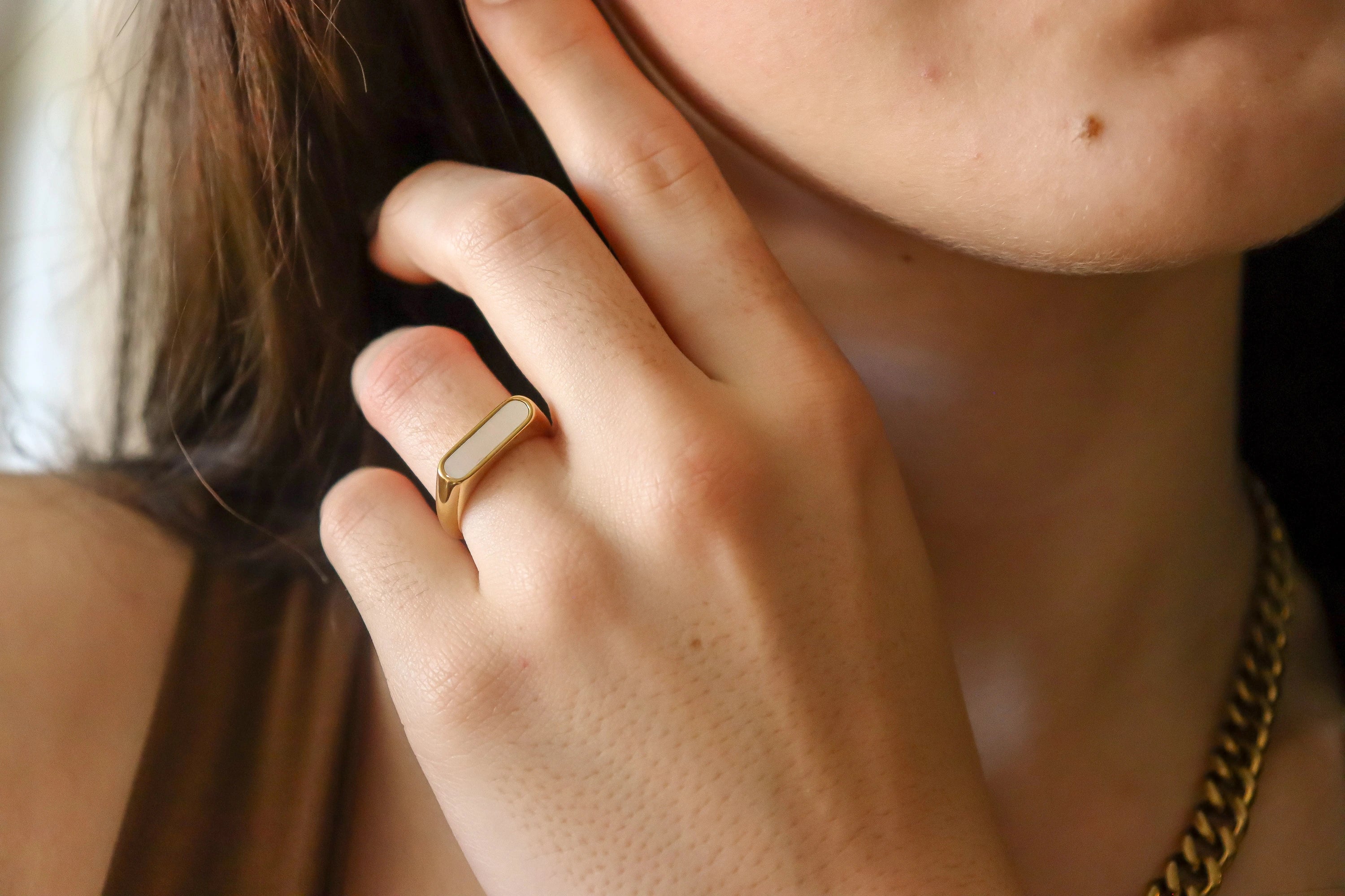 Gold Filled Natural White Mother Of Pearl  Signet  Rings