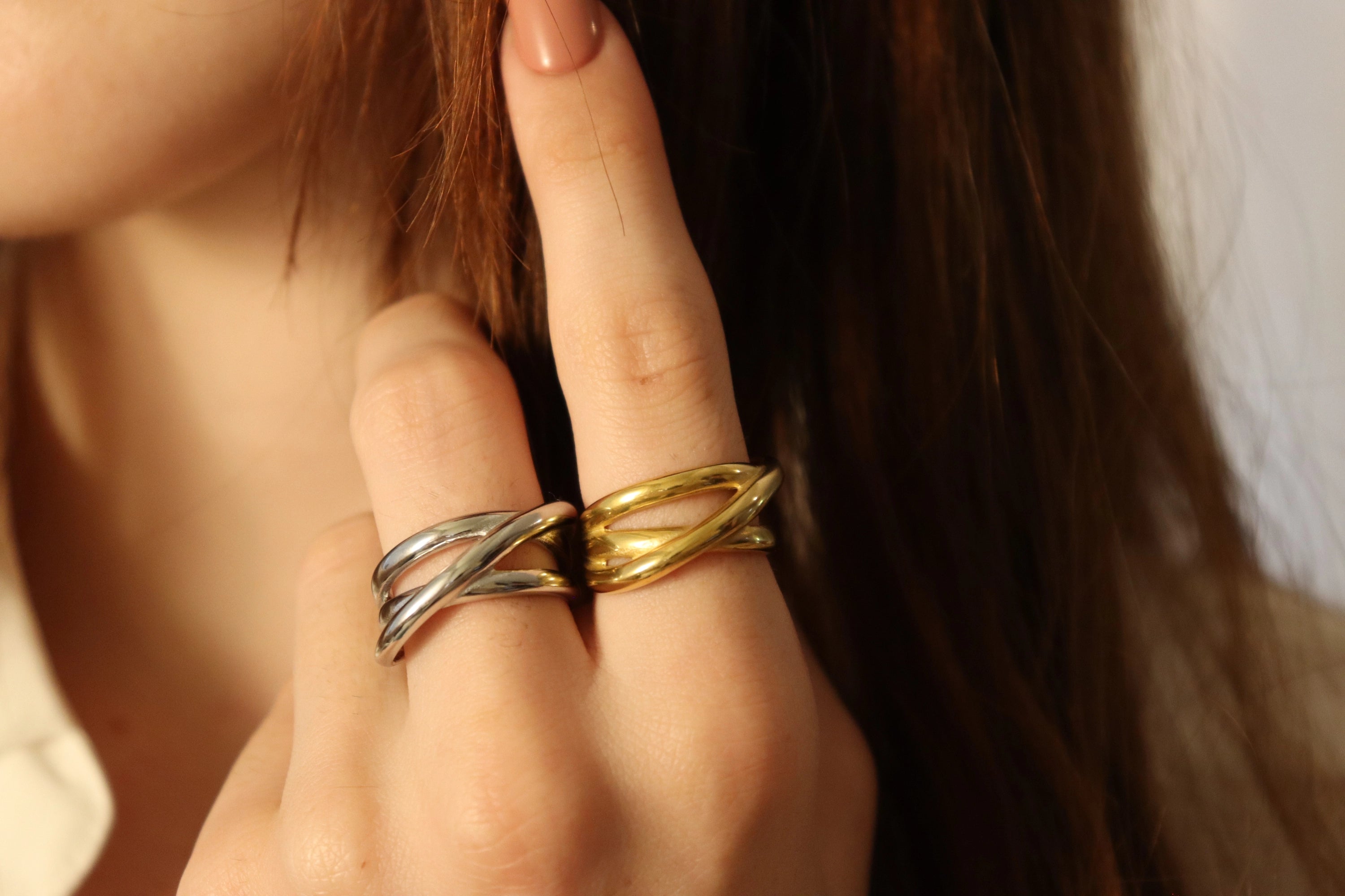 Adjustable Geometric Crossed Line Rings