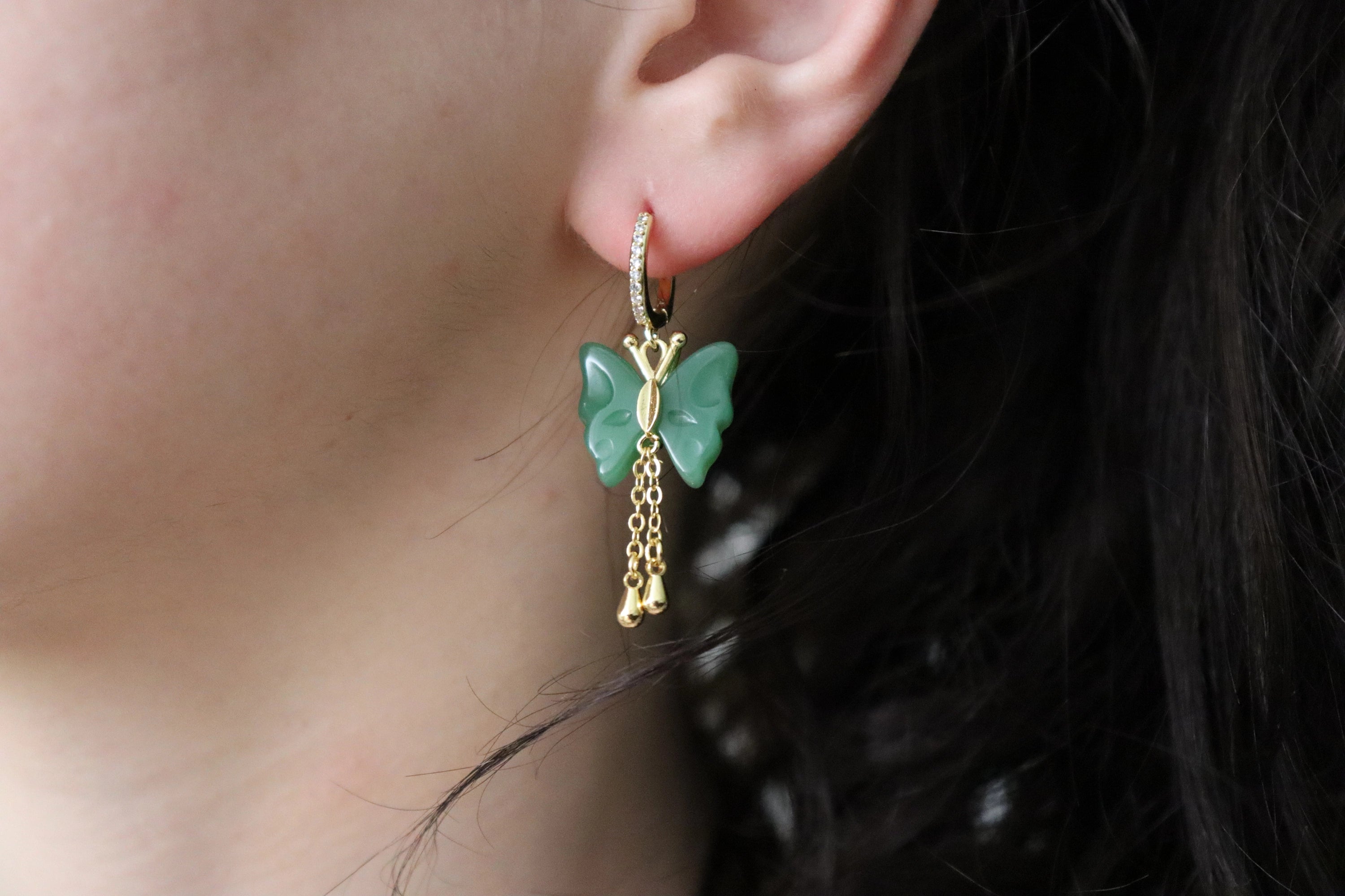 Gold Filled Jade Butterfly Earrings