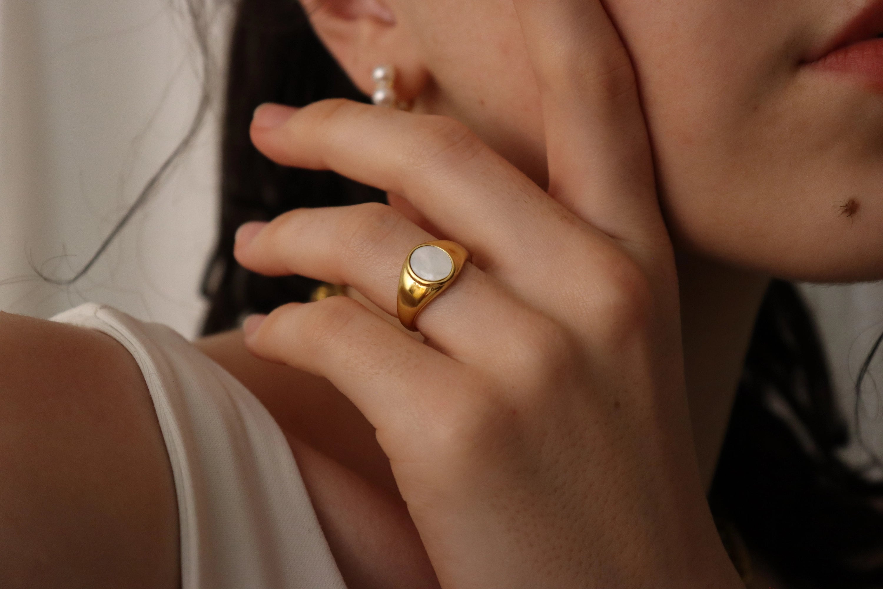 Gold Filled  Oval Mother Of Pearl Signet  Ring