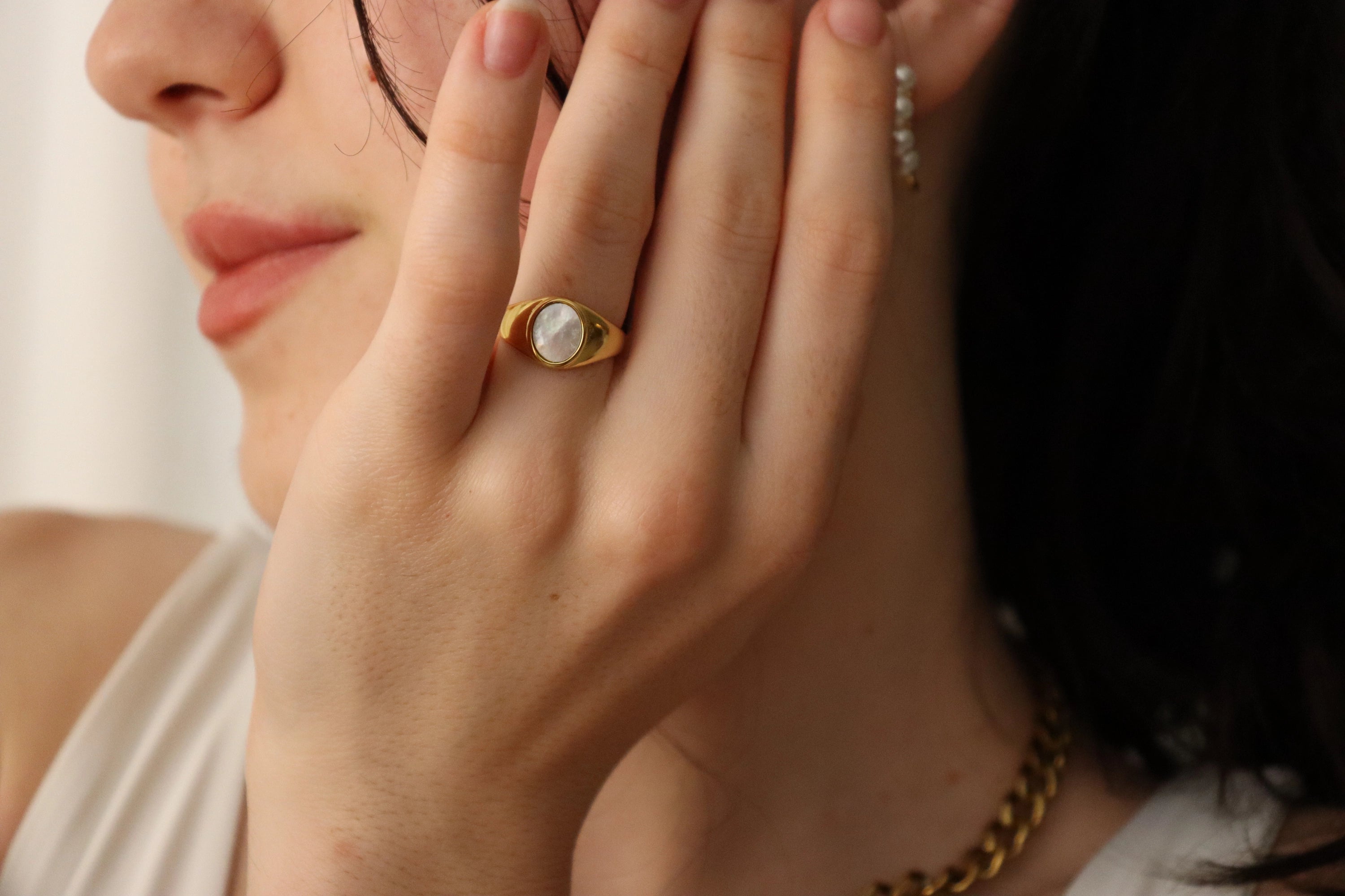 Gold Filled  Oval Mother Of Pearl Signet  Ring