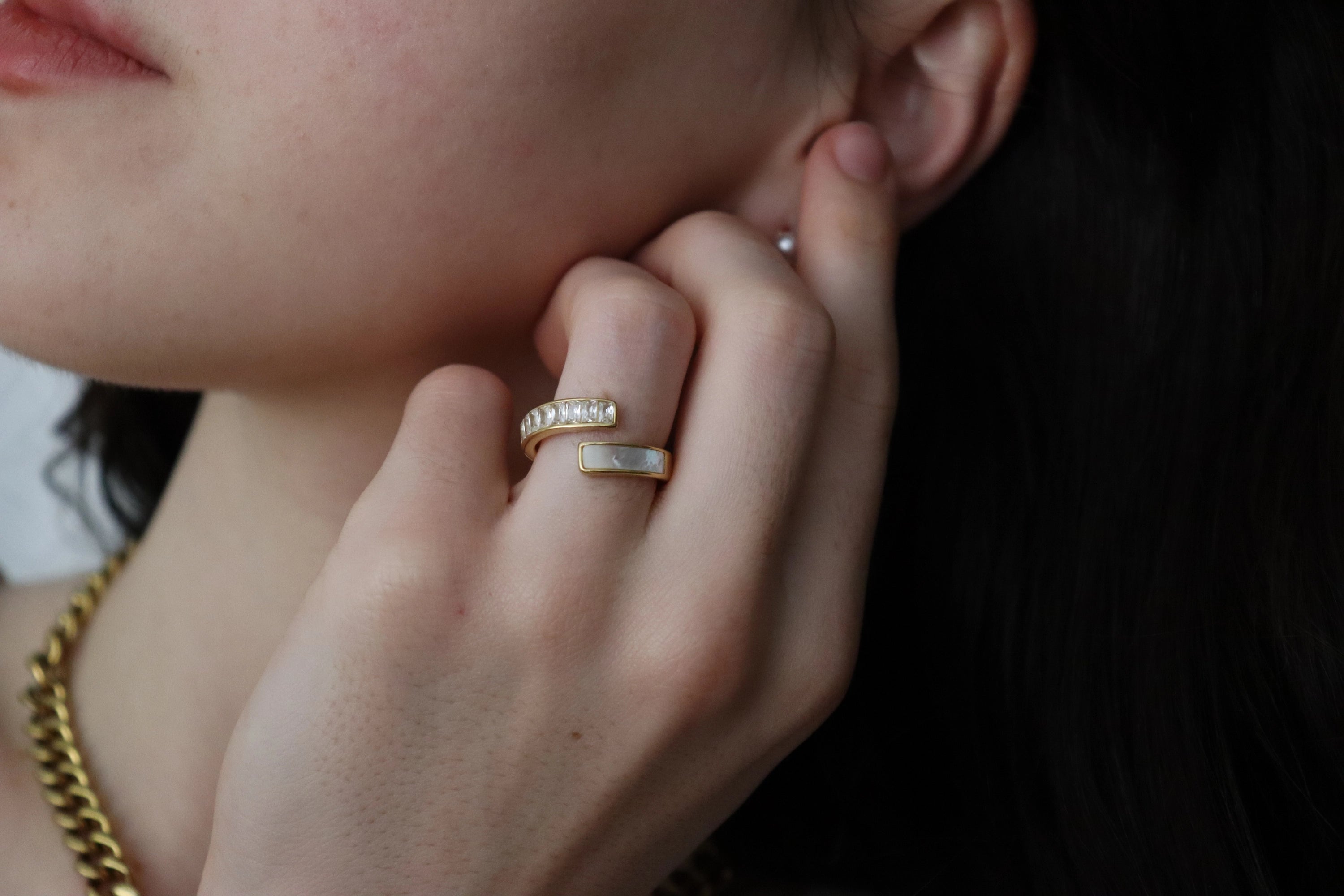 Gold Filled Half  White Pearl Half Zircon Ring