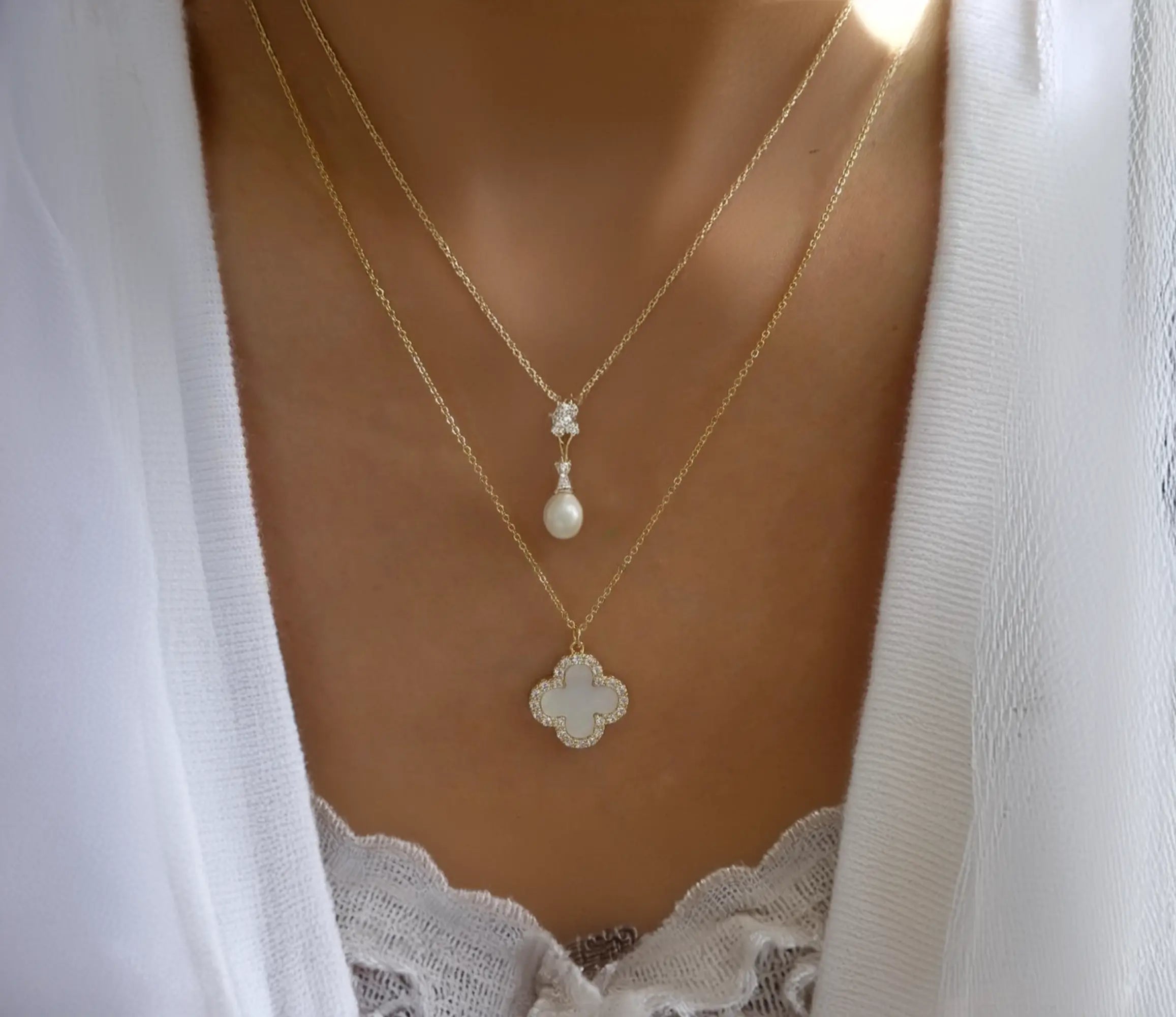 Gold Filled White Four Clover Necklace