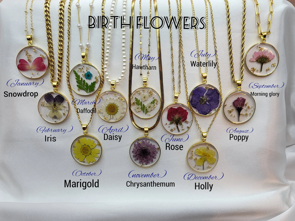 Gold Filled Real Dried Birth Month Flower Necklace
