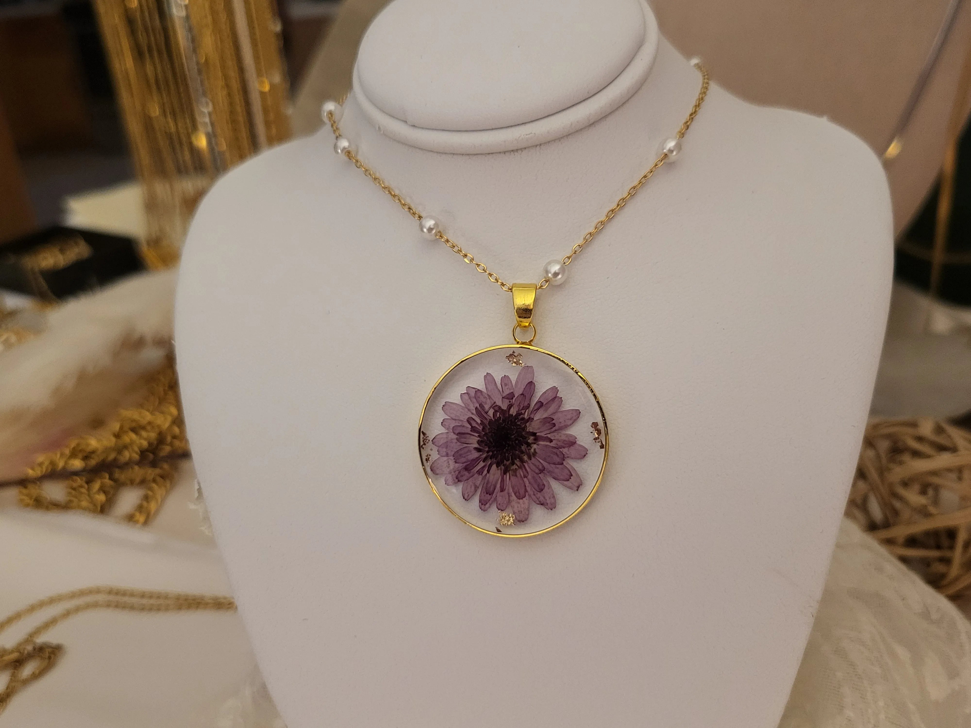 Gold Real Dried Birth Month Flower Pendant product images.