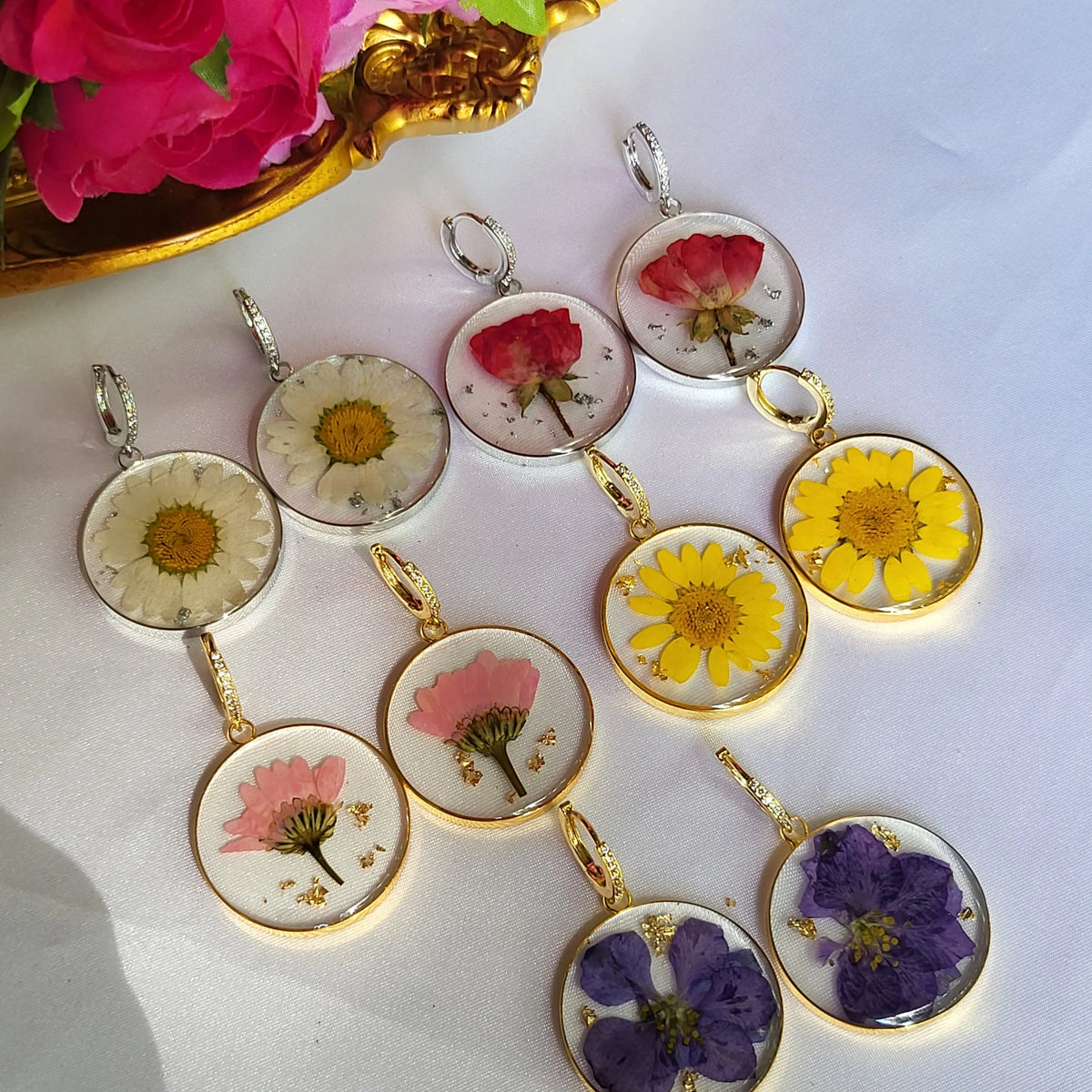 Gold Real Dried Birth Month Flower Earrings - Main Image