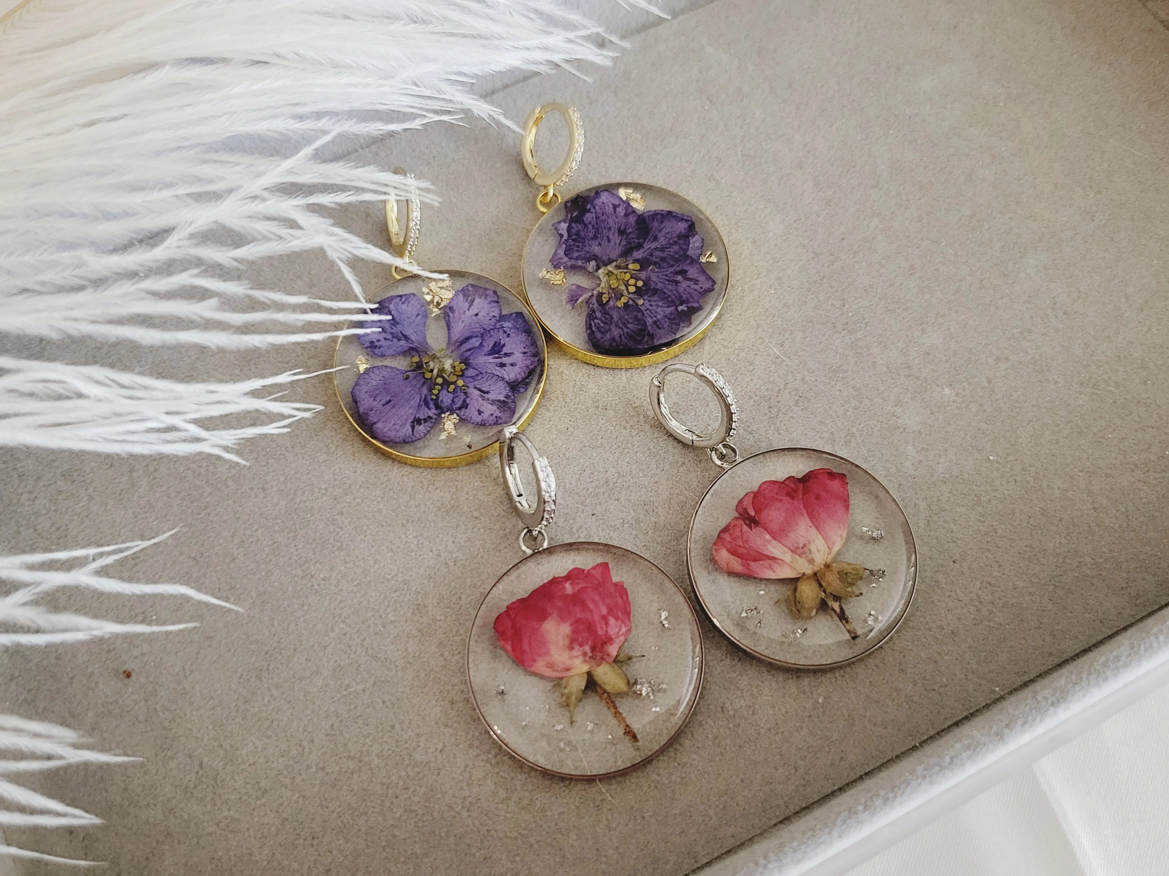 Gold Real Dried Birth Month Flower Earrings product images.