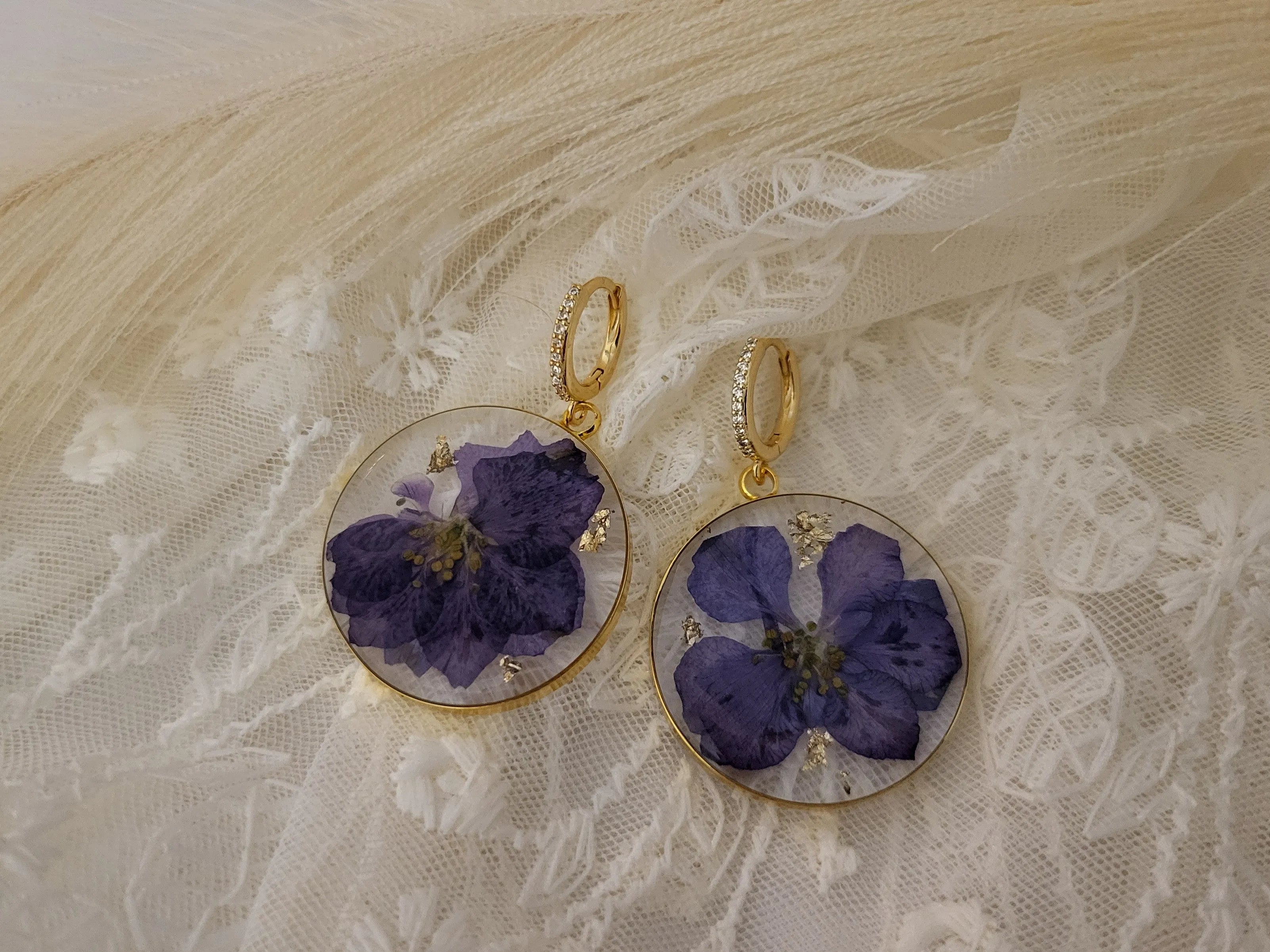 Gold Real Dried Birth Month Flower Earrings product images.